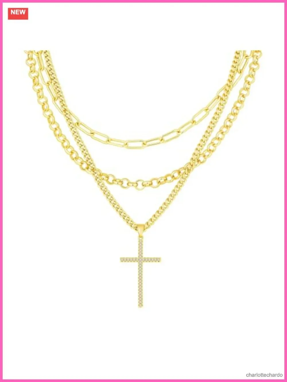 14K Gold Plated Layered Cross Pendant Necklace Set 3 Pc Paperclip Cuban Link
